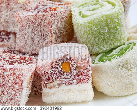 Oriental Sweets, Delicious Multicolored Rachate Lucum. Delicious And Beautiful Candy. Sweets.