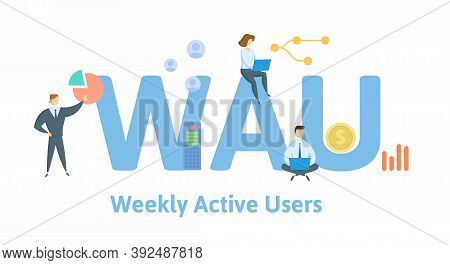 Wau, Weekly Active Users. Concept With Keywords, People And Icons. Flat Vector Illustration. Isolate