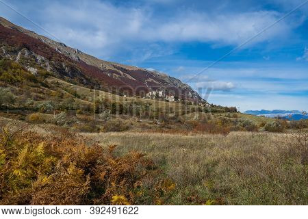 Mountain Autumn View Of Village Of Roccacaramanico In Abruzzo, Italy