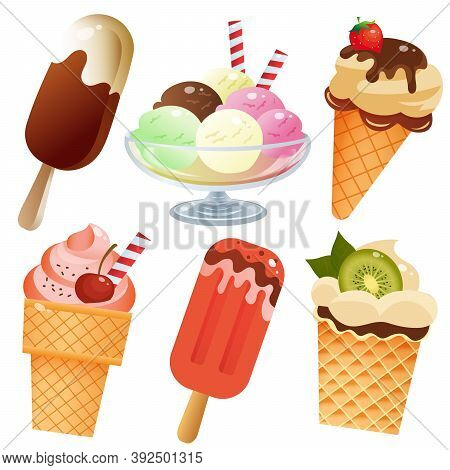 Color Images Of Ice Cream On White Background. Plombir And Fruit Ice. Ice Cream In A Waffle Cup And 