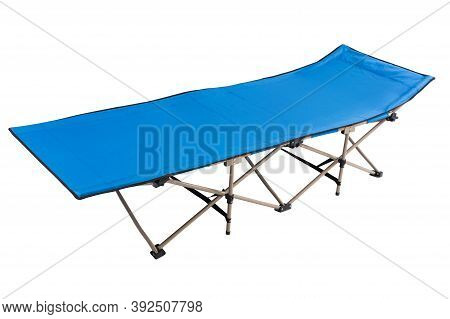 Blue New Cot For Camping Or Travel, On White Background