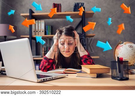 Confused Woman Teleworker Works At Home . She Is In Smart Working Due To Covid-19 Pandemic