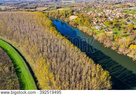 Beautiful Countryside Landscape In Croatia In Autumn, Forest And Kupa River, Aerial From Drone