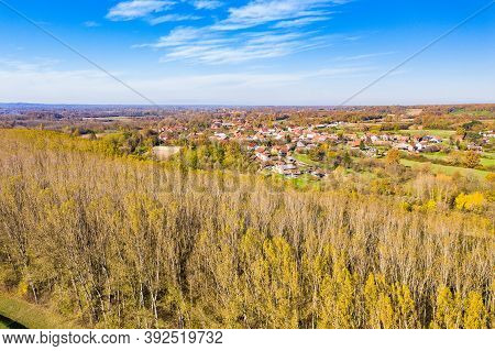 Beautiful Countryside Landscape In Croatia In Autumn, Forest And Kupa River, Aerial From Drone