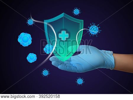 Immunologist And Shield With Cross As Symbol Of Virus Protection On Blue Background, Closeup