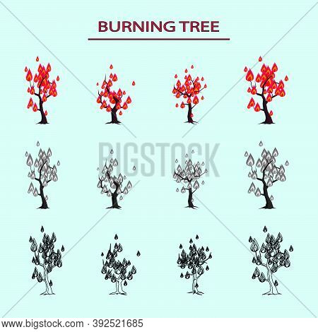 Set Of Burning Tree Icon Design Template With Various Models. Vector Illustration Isolated On Blue B