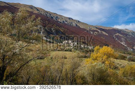 Mountain Autumn View Of Village Of Roccacaramanico In Abruzzo, Italy