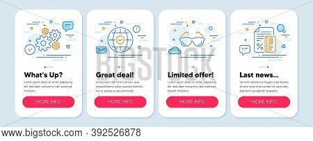 Set Of Business Icons, Such As Eyeglasses, Cogwheel, Global Insurance Symbols. Mobile Screen App Ban
