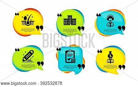 Shipping Support, Company And Serum Oil Icons Simple Set. Speech Bubble With Quotes. Brand Contract,