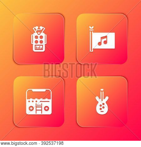 Set Microphone, Music Festival Flag, Home Stereo With Speakers And Electric Bass Guitar Icon. Vector