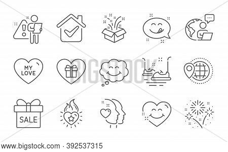 Fireworks, Smile And Sale Offer Line Icons Set. Romantic Gift, My Love And Gift Signs. Heart, World 