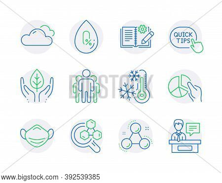 Science Icons Set. Included Icon As Freezing, Pie Chart, Medical Mask Signs. Cloudy Weather, No Alco