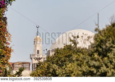 The Upper Parts Of The Hurva Synagogue And The Caliph Omar Mosque Are In The Jewish Quarter In The O