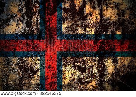 Faroe Islands, Faroese Flag On Grunge Metal Background Texture With Scratches And Cracks
