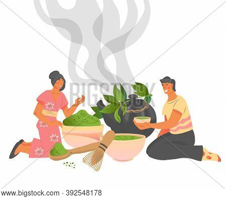 Packaging Design For Matcha Tea Or Teahouse Menu, Flat Vector Illustration.