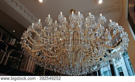 Bruges, Belgium - May 12, 2018: Beautiful Chandelier In A Cafe Pastry Shop Aux Merveilleux De Fred B