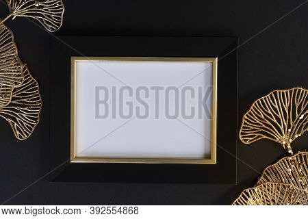 Black And Gold Mok Up Frame, Luxury 20s Art Deco Style, Top View