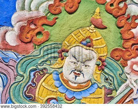 La Boulaye, France - April Circa, 2018. Very Colored Mural Painting Of Buddhist Story On Temple Wall