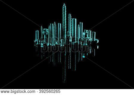 Promotional Photo Of Self-cutters And Bolts. Installation Of Fasteners In The Form Of A Night City.