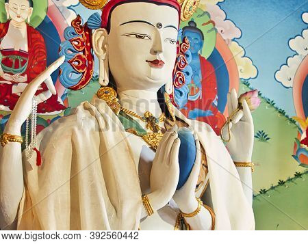 La Boulaye, France - April Circa, 2018. Beautiful White Tara Verte Statue, Mother Of Buddha , In The