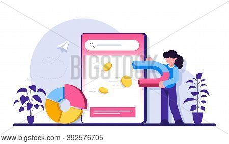 Contextual Advertsing Online Service Or Platform. Woman With A Magnet Attracts Coins. Marketing Camp
