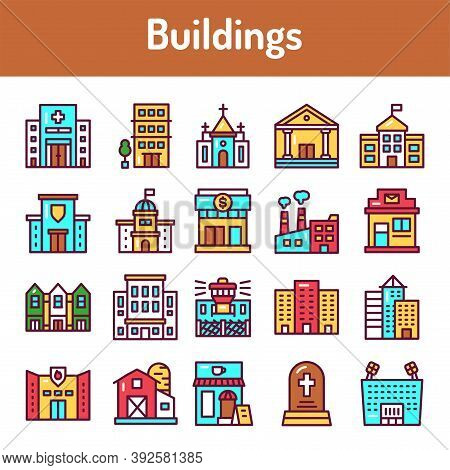 Building Color Line Icons Set. Isolated Vector Element.