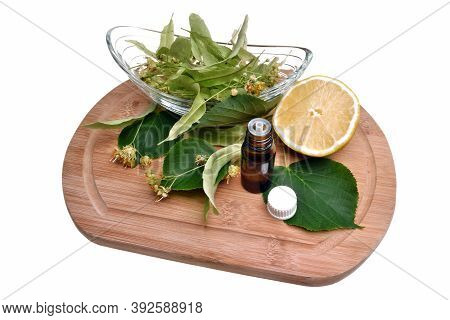 Fresh Healthy Linden Flowers, Lemon And Essential Oil