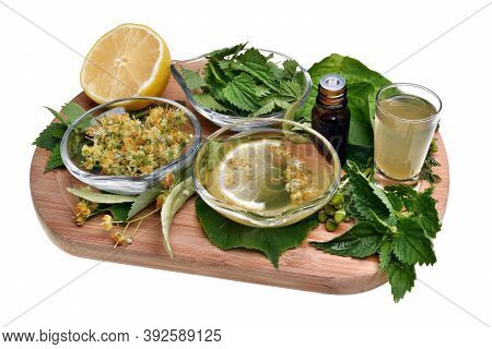 Fresh Healthy Linden And Nettle Plant With Essential Oil Isolated On A White Background Good For Cor