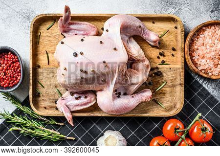 Concept Of Cooking Whole Poult. Ingredients Rosemary, Pink Salt, Garlic And Cherry Tomatoes. Gray Ba