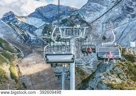 Krasnaya Polyana, Russia - October 12, 2019: Cable Car Way In The Mountain Ski Resort.