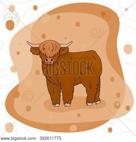 Cute Cartoon Bull High Land Cow Is Standing On The Ground On Pink And Brown Background