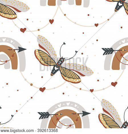 Insects Butterfly And Rainbow Seamless Vector Pattern. Mystic Moth Background. Bohemian Vintage Myst