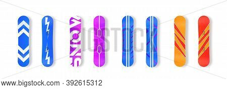 Winter Sport Icons Of Snowboard. Set Of Different Snowboards Are Ready For Your Design Isolated On W