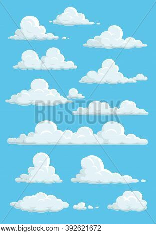 Cartoon Clouds In Blue Sky. Vector White Soft And Fluffy Spindrift Or Cumulus Clouds Flying On Heave