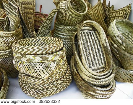 A Pile Of Handmade Natural Traditional Woven Baskets And Other Objects From Esmeralda Province Made 