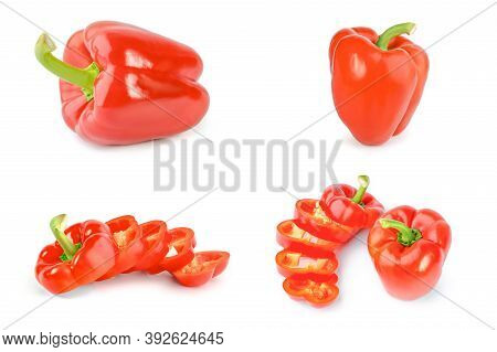 Collage Of Red Sweet Peppers On A White Background Cutout