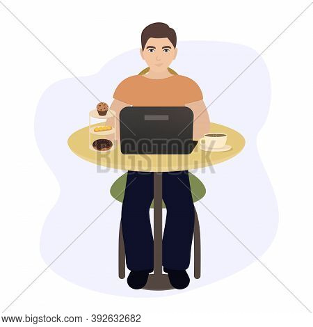 Young Man Working In A Cafe Using A Laptop. Freelance Or Student Vector Illustration In Flat Style.