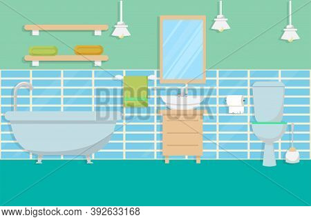 Bathroom Interior With Furniture In Flat Style Stock Vector Illustration. Bright, Colorful Compositi