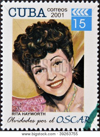 Kuba ca. 2001: eine Briefmarke gedruckt in Kuba gewidmet den vergessenen Oscar Award zeigt Rita Haywort