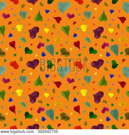 Watercolor Seamless Pattern Of Multicolored Hearts On A Orange Background Of Different Sizes