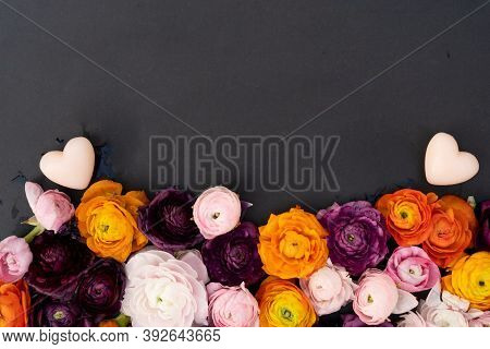 Buds Of Valentines Day Festive Flowers With Hearts, Border On Minimal Black Background