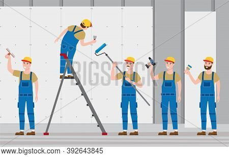 Set Construction Workers With Cordless Screwdriver, Brush, Plastering Trowel Tool, Rollerbrush In Wo