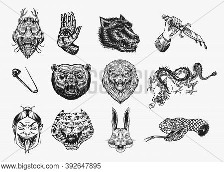 Set Of Fashion Patches. Tattoo Artwork. Bear Dragon Lion Snake Dagger Hare. Hand Drawn Engraved In O