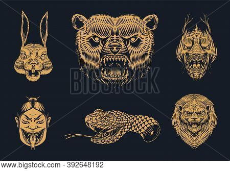 Set Of Fashion Patches. Tattoo Artwork. Bear Dragon Lion Snake Dagger Hare. Hand Drawn Engraved In O
