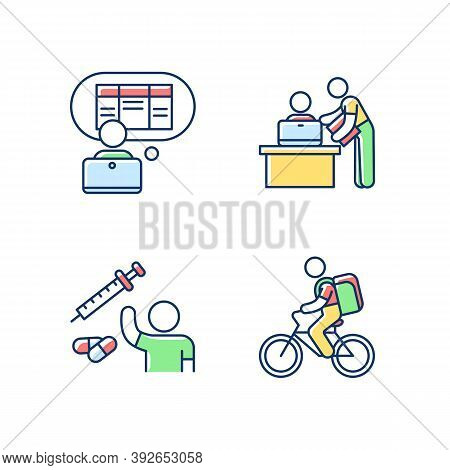 Part-time Jobs Rgb Color Icons Set. Data Entry Clerk. Personal Assistant. Clinical Trial Volunteer. 