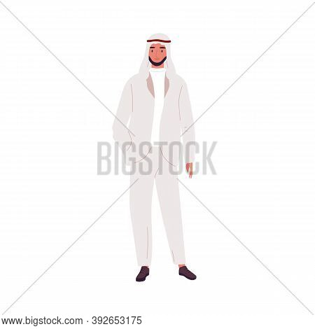 Modern Saudi Businessman In Fashionable Suit And Shemagh. Arab Man Wearing Trendy Outfit. Portrait O