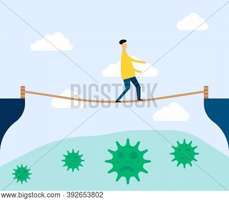Man Walking On Rope Walk Way Vector Illustration.