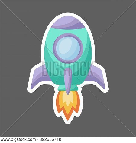 Bright Green Cartoon Rocket With Fire Trace Launched Into Space For Design Of Notebook, Cards, Invit