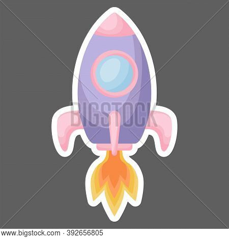 Bright Cartoon Purple-pink Rocket With Fire Trace Launched Into Space For Design Of Notebook, Cards,