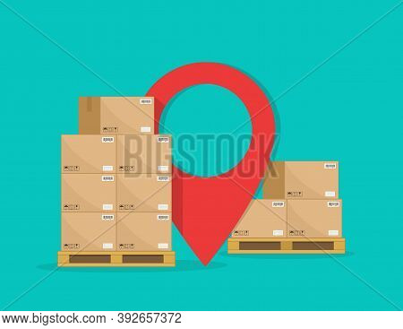 Cargo Logistic. Carton Boxes On Pallet For Delivery With Map Pointer. Goods Stack On Warehouse For S